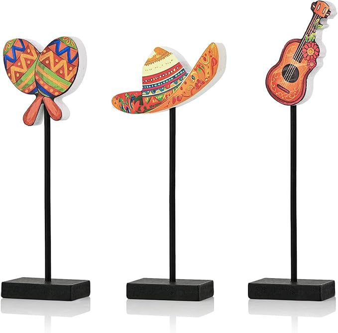 Smile Cinco De Mayo Tabletop Standing Wooden Decor Mexican Fiesta Figures (Sombrero, Guitar, Maraca) with Wooden Base & Sticks for Tiered Tray & Party Display