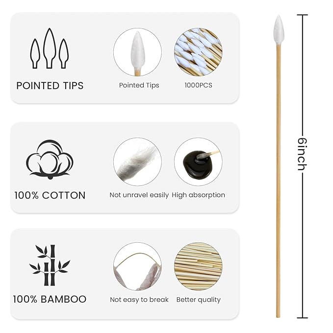 200 PCS 6-Inch Precision Gun Cleaning Swabs - Lint-Free Bamboo-Handle Cotton Swabs for Gun Cleaning, Makeup & Electronics