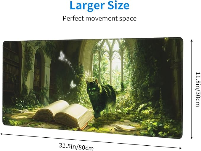 Cat Book Mouse Pad 31.5 X 11.8 Inch Big Desk Rubber Base Stitched Edges Keyboard Pad XXL Mouse Mat for Home Game and Office