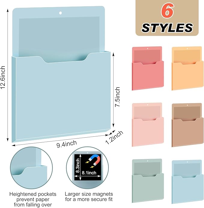 Fuutreo 6 Pcs Magnetic Wall File Organizer Magnetic Wall File Holder Refrigerator Magazine Holder for Mail Letters Paper(Light Vintage,Vertical-large)