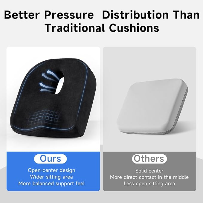 Memory Foam Seat Cushion with Center Cutout, Donut-Style Chair Cushion for Office Chair, Desk Chair and Long Sitting, Coccyx and Tailbone Comfort, Non-Slip Bottom, Removable Washable Cover, Black
