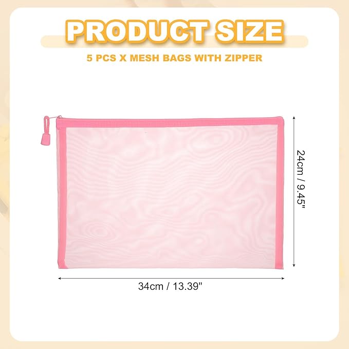 PATIKIL A4 Mesh Zipper Pouch Bags, 5 PCS Mesh Bags with Zipper Plastic Storage Pocket for Organizing File Beads Office Home Supplies, 34x24cm, Pink