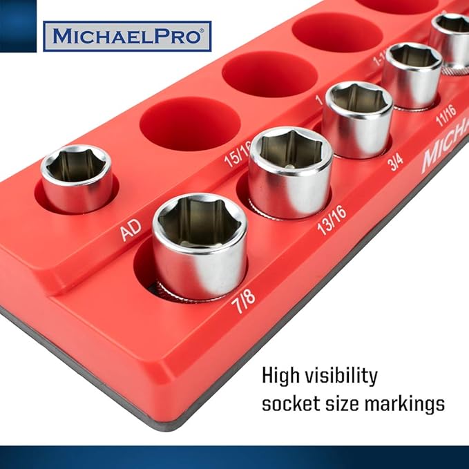 MichaelPro MP014003 3-Pc Magnetic Socket Organizer- 1/4-inch, 3/8-Inch & 1/2-Inch Drive Magnetic Socket Holder Kit in SAE, Professional Grade Socket Organizers for Toolboxes/Cabinets (SAE), Red