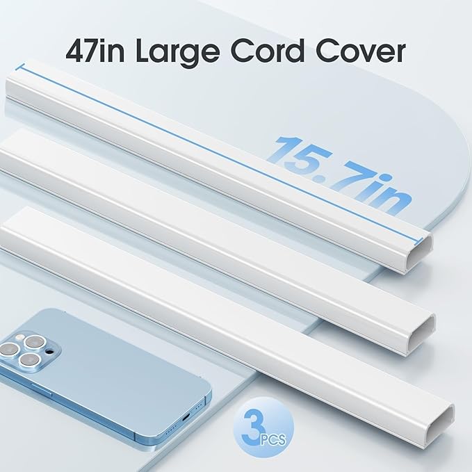Wire Covers for 2 Cords TV on Wall, 47in Paintable Cable Hider, Medium Cable Management Kit, Cord Hiding for Wall White, W0.95in H0.47in