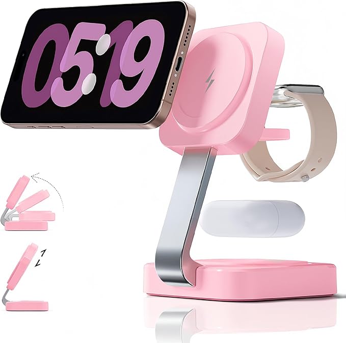 RYND 2026 Traveling Wireless Magnetic Fast Charging Station,3 in 1 Charger with i Phone 17 16 15 14 13 12 Pro Max Plus,Apple Watch Series & Air pod 4 3 2 Pro-Gifts for Wife & Husband(Pink)