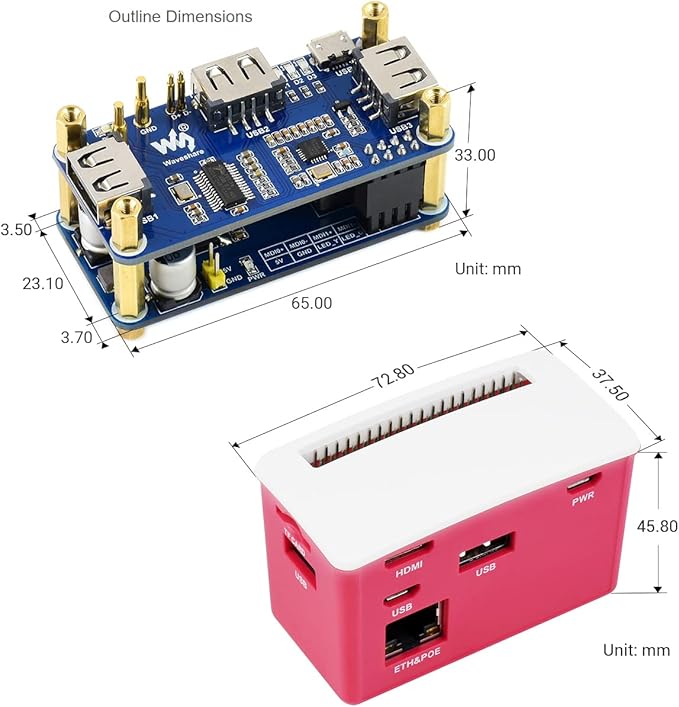 Waveshare PoE Ethernet USB HUB HAT with Box ABX Case for Raspberry Pi Zero/Zerow/2, with 1 RJ45 10/100M Ethernet Port, 3 USB Ports Compatible with USB2.0/1.1, 802.3af-Compliant