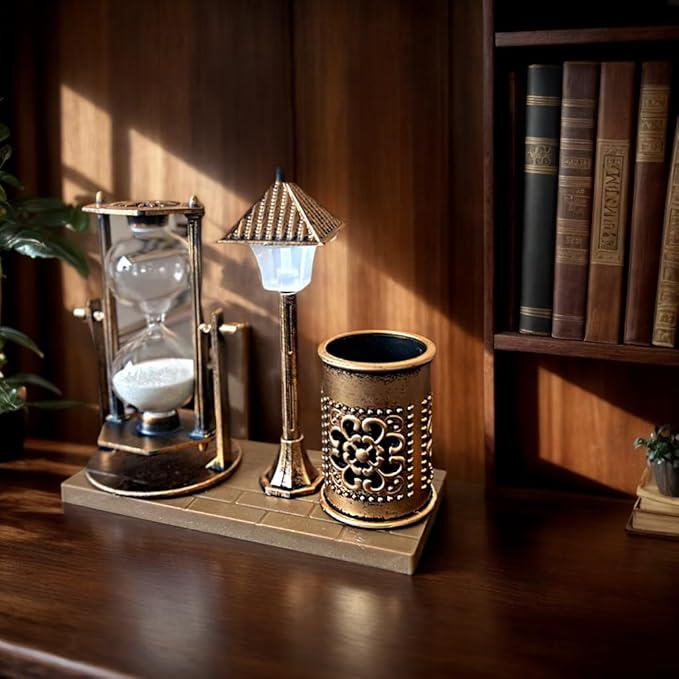 Vintage Style Desk Organizer Set with Hourglass Timer, Decorative Pen Holder, Bronze Finish, pen organizer for desk, vintage office decor, sand timers, desk organizer pen holder