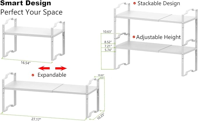 Jojocross Expandable Shelf for Cabinet Organizer Adjustable Stackable Spice Rack at Kitchen and Bathroom More, Counter Countertop Cupboard Organization Pantry Storage(LARGE/1PACK/WHITE)