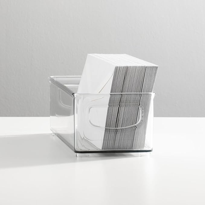 mDesign Small Plastic Office Storage Container Bins with Handles for Organization in Filing Cabinet, Closet Shelf, or Desk Drawers, Organizer for Notes, Pens, Pencils, Ligne Collection, Clear
