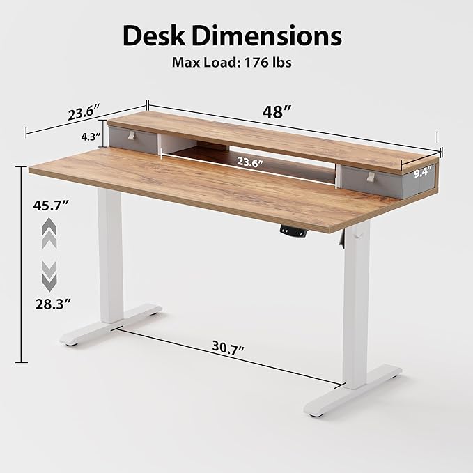 Agilestic 48 x 24 Inches Electric Standing Desk with 2 Storage Drawers, Adjustable Height Sit and Stand Computer Table with Splice Board, Light Rustic Brown