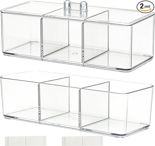 2 Pack Acrylic 3-Compartment Organizer Box, Storage Box with Lid, Clear Pen Holder Organizer Makeup Brush Holder for Office Desk Accessories, Cosmetic Brush Storage Box, Dorm, Bathroom, Kitchen