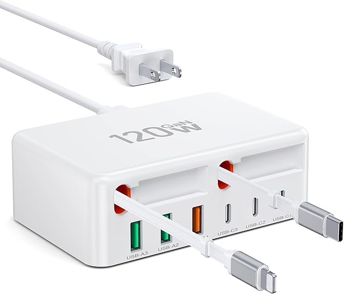2026 Latest USB C Charger Block, 8 in 1 GaN Retractable Charger Station Hub with Lightening & Type C Cable, 120W Travel Essential Multi USB C Power Strip Plug for iPhone 17 16 15 Pro Max iPad Galaxy