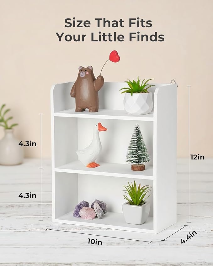 3-Tier Trinket Shelf, 10" x 12" Small Display Shelf for Wall or Countertop, Wooden Knick-Knack Shelves for Collectibles, Perfume & Crystal Storage, White