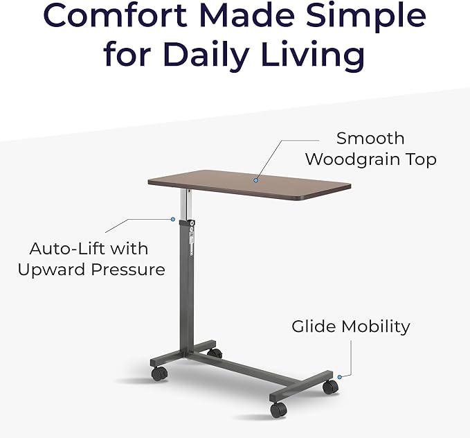 Drive Medical Overbed Table with Wheels - Secure Height Adjustment for Comfort - Non Tilt Surface - Smooth Rolling Design - Home & Hospital Use - Woodgrain Laminate Top - Silver Vein