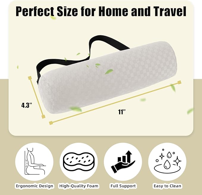 Lumbar Roll Pillow for Lower Back, Lumbar Support Foam Roll Cushion with Pillowcase and Upgraded Strap for Office, Chair, Car, Seat Pain Relief & Improving Posture (Cream, Short-11 * 4.3'')