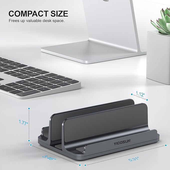 YICOSUN 3-Slot Aluminum Vertical Laptop Stand for Desk - Adjustable Width Dock for MacBook, Surface, Samsung, HP, Dell up to 17.3 inches - Space-Saving & Protective Design - Gray