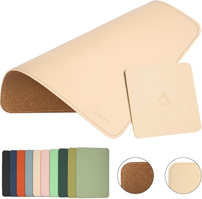 Double-Sided PU Leather & Cork Mouse Pad with Coaster – Reversible, Non-Slip, Stitched Edges for Office & Home, 8x11 Inches, (Apricot)