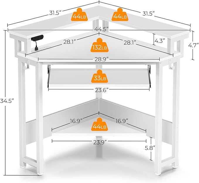 Rolanstar Corner Desk, 44.5" W x 34.5" H Small Computer Desk with Power Outlets, Gaming Desks with LED Lights, Triangle Corner Table with Keyboard Tray & Monitor Stand for Small Space, White