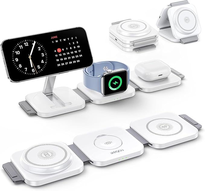 JARGO 3 in 1 Wireless Charging Station for Apple Devices, Foldable iPhone Charging Station for iPhone 17/16/15/14/13/12, Apple Watch & AirPods with Magsafe, Travel Essentials Wireless Charger (White)