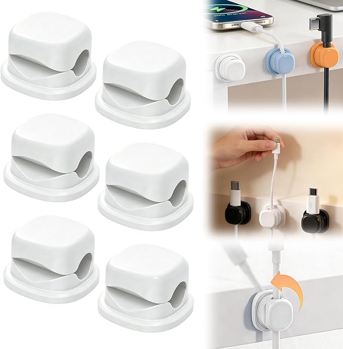 Cord Organizer Holder，2026 New Rotatable Desk Cable Managemen，Adhesive Wire Cable Clips Management Kit for Phone Charger, Home, Computer, Desk, Nightstand，Office (White (6pack))