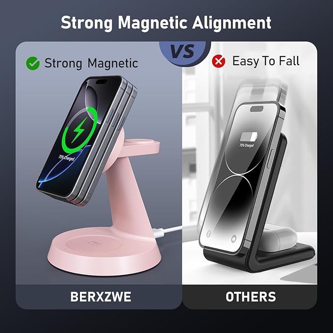 Charging Station 3 in 1 Wireless Charger for Apple Devices, 15W MagSafe Stand Compatible with iPhone 17 16 15 14 13 12 Pro Max Plus, Charging Dock for AirPods 4 3 2 & iWatch Series (Pink)