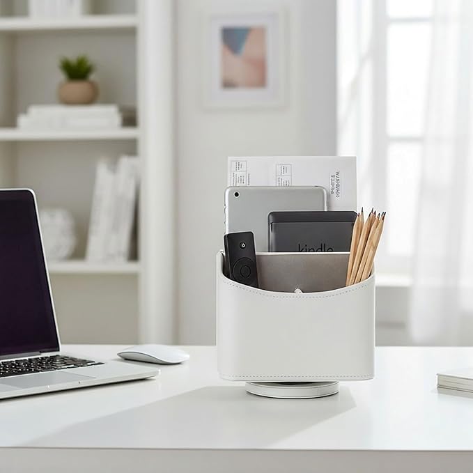 UnionBasic Rotating Desk Organizer, 360 Desk Spinning Caddy, Desktop TV Guide/Mail/Media/Remote Controller Holder Organizer,White
