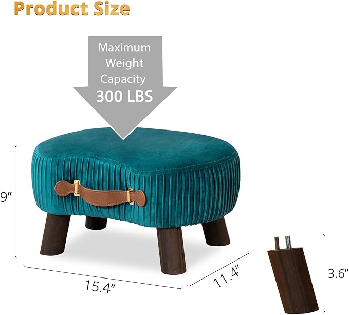 LUE BONA Small Curved Foot Stool with Handle, Teal Velvet Footstool and Ottomans, Modern Foot Rest with Wooden Legs, Step Stool with Padded Seat for Couch, Living Room