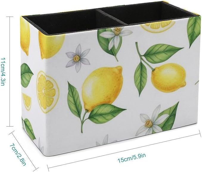 Square Pens Pencils Holder Cup Yellow Fruits Green Leaves Lemon Floral, Sleek and Sturdy Stationery Organizer