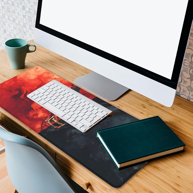 Cartoon Demon Mouse Pad Red Black Evil Japanese Ghost Face Extended Keyboard Mouse Mat for Computer Office, Big Laptop Mouse pad, Gaming Pc 31.5x11.8 in