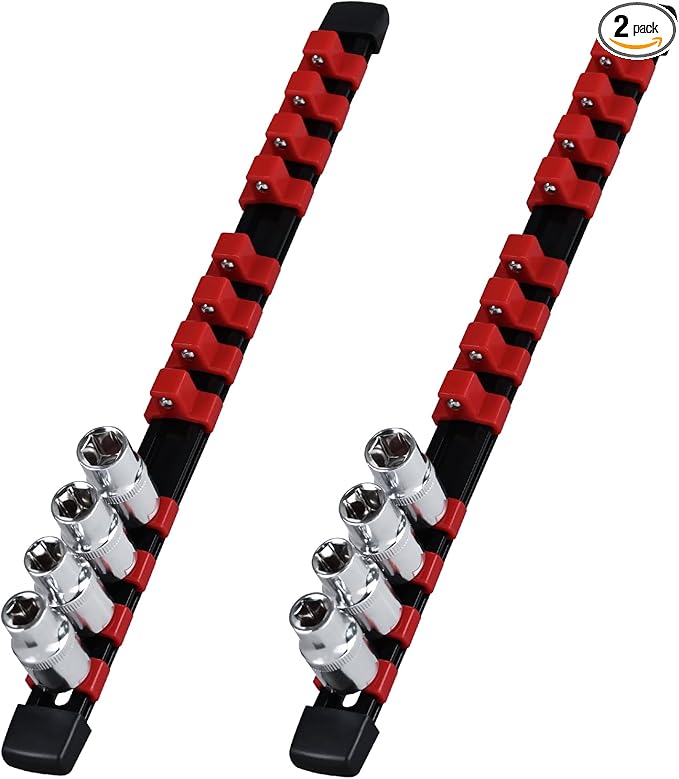 Socket Organizer, 1/2-Inch Drive Heavy Duty Socket Holder Kit ABS, Socket Rail 1/2-Inch x 12 Clips Red, 2 Pieces