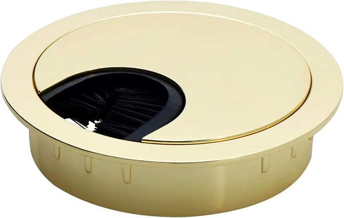 Polished Brass Metal Cable Grommet | 2 Piece "Lock in" Feature with "Brush" Opening for Management of Office & Computer Desk Wires | 60mm (2 3/8") Hole Opening | 1 Pack