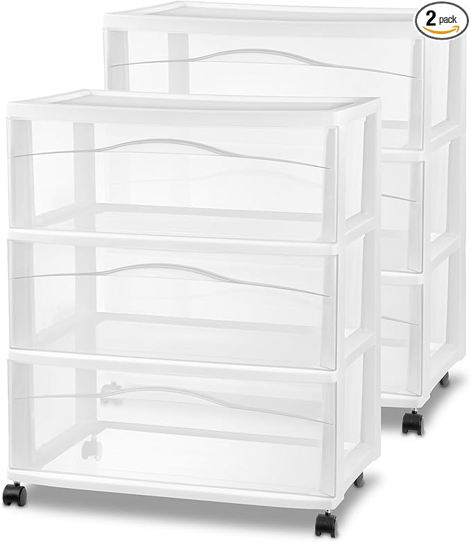 Sterilite 2 Pack Wide 3 Drawer Storage Cart, Plastic Organizer with Wheels, White - Multipurpose Bin for Clothes, Accessories, or Home Accessories