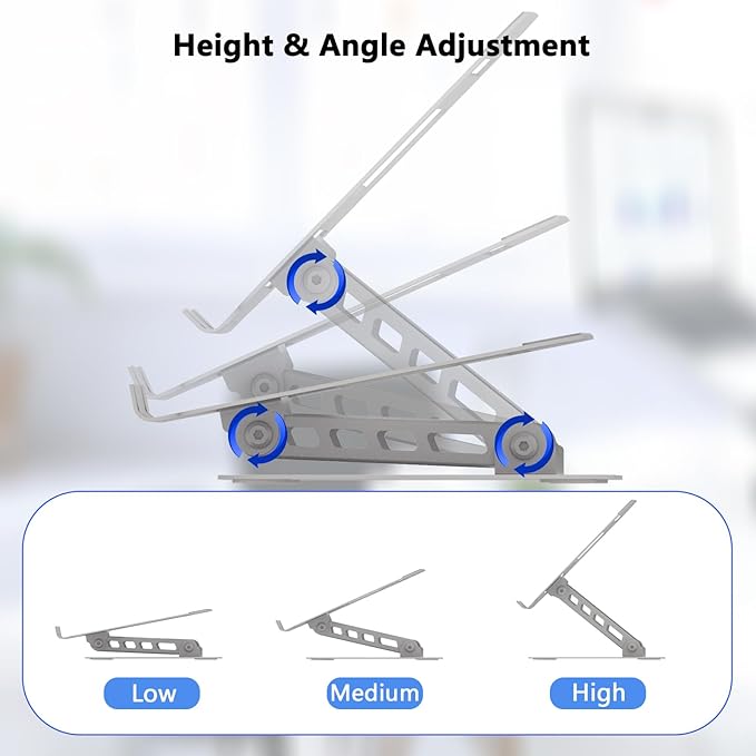 Adjustable Laptop Stand for Desk, Ultra Stable Metal Base Laptop Holder Riser, Fully Foldable for Storage and Easy to Carry, Fit for MacBook Pro/Air HP 14 All Under 16” Devices (Silvery)
