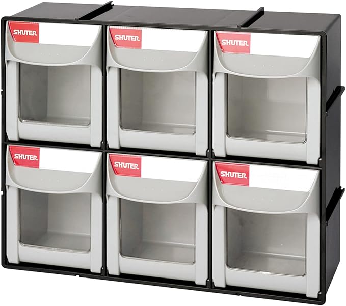 SHUTER Tilt Out Storage Cabinet w/6 Removeable Drawers, Plastic Small Parts Organiser, Stackable Storage Drawers, Tip Out Bin Kits-Included, Sewing Craft Storage Bins, Black FO-306-BK