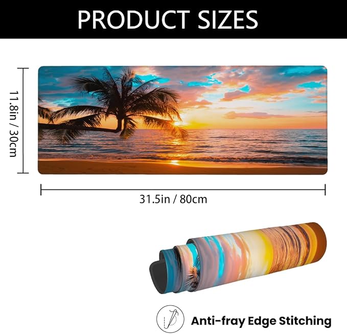 Sunset Beach Palm Large Mouse Pad Non-Slip Rubber Long Gaming Desk Mat Big Computer Keyboard Mousepad Waterproof Protector Wristing Pad for Gaming Office Home Decorative 31.5 X 11.8 Inch