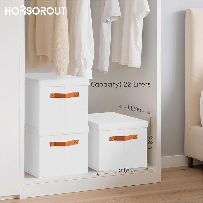 Homsorout Storage Bins with Lids - Fabric Storage Baskets for Shelves, 8 Pack Foldable Decorative Boxes with Handles, Stackable Organizer Bins for Home, Nursery, Dorm, White