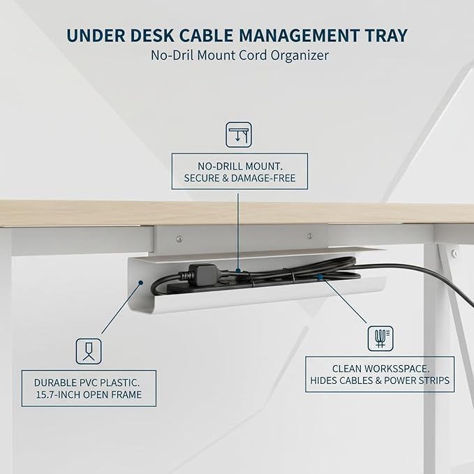 Under Desk Cable Management Tray, No-Drill Cord Organizer for Power Strips & Wires, 15.7 x 3.9 x 3.5 Inch, PVC Wire Basket (1 Pack)