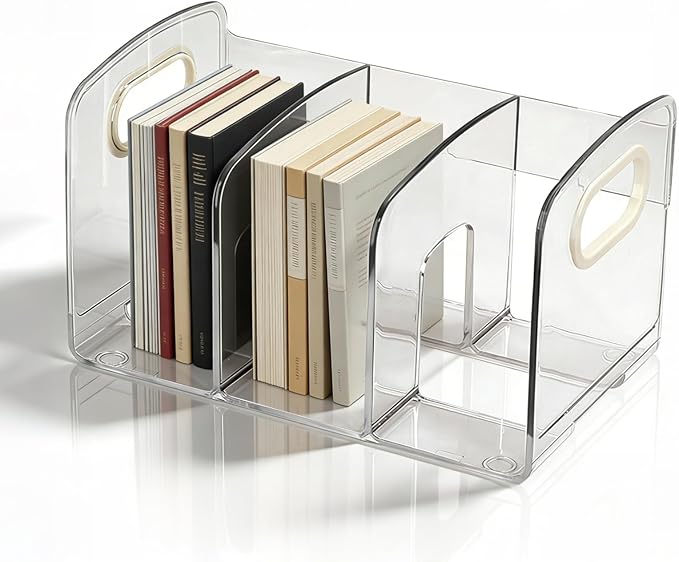 Cyrank Transparent Acrylic File Organizer for Desk, 4 Sections Book Paper Storage Dividers with Side Handle Envelope Vertical File Stand (#1)