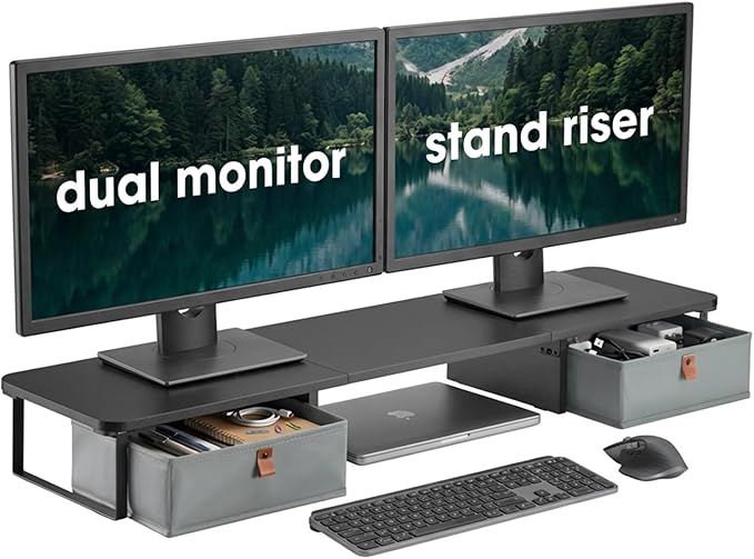 DuoStand Plus - 39” Dual Monitor Riser for Desk with 2 Drawers - Wood & Steel Double Monitor Stand with Storage - Desk Organizer Shelf for Desktop Computer, Laptop, TV & Printer (Matte Black)