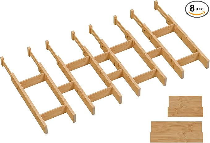 Bamboo Drawer Dividers, Expandable Kitchen Drawer Organizer, Include 8 Dividers, 8 Small Inserts and 8 Medium Inserts for Home, Office, Dressers