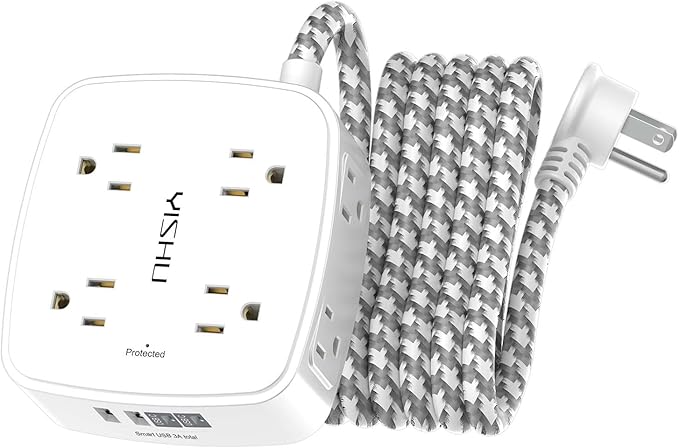 Surge Protector Power Strip - YISHU 8 Outlets with 4 USB (2 USB C) Charging Ports, 10Ft Braided Extension Cord, Flat Plug Multi Plug Outlet Extender Charging Station for Home Office, ETL, White