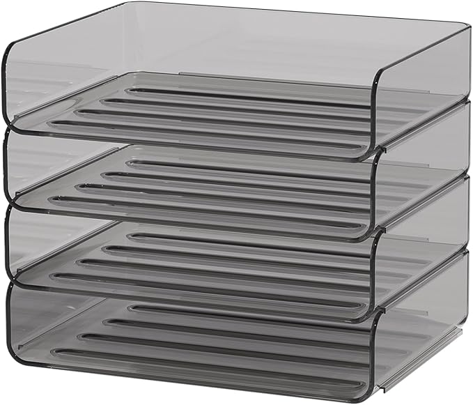 FANXIYQ 4-Tier Horizontal Acrylic Paper Tray Organizer | Clear Stackable Desk Organizer for Documents, Letters, A4 Paper | Modern Office/Classroom/Home Organization,Brown
