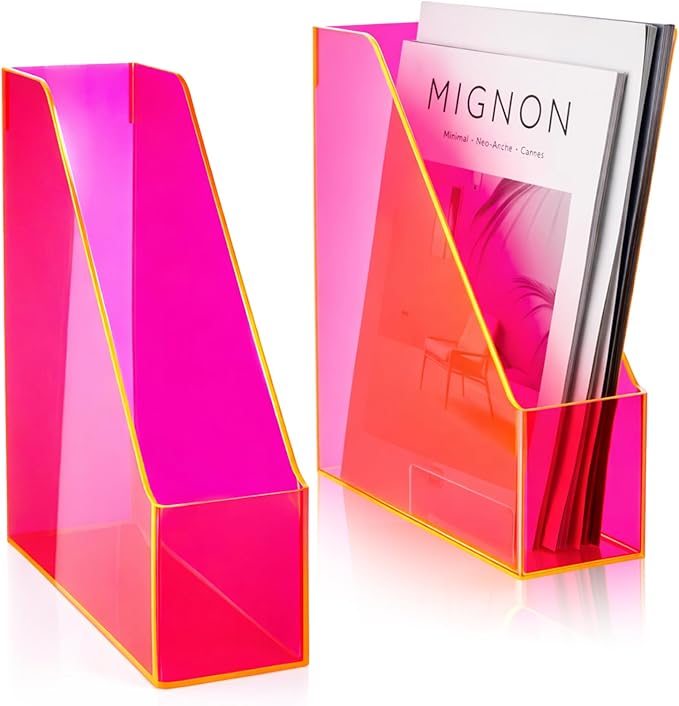 Engrowtic 2 Pcs Fluorescent Powder Vertical Magazine File Holder Acrylic Magazine Holder Storage Organizer Plastic Acrylic Rack for Office Classroom Home Document Paper Book Collection