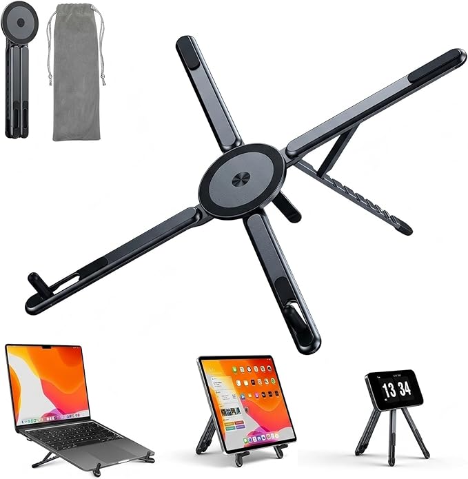 Magnetic Laptop Stand, 3-in-1 Portable Foldable Laptop Riser with Magnetic Phone Holder, Aluminum Adjustable Ergonomic Mount for Desk - Travel Stand Fits 10-16" MacBook Pro Air, iPad, iPhone
