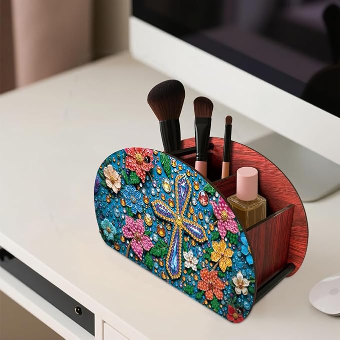 POETRYDRAW DIY Cross Diamond Art Painting Wooden Storage Box – Multi-Grid Moon Fan Makeup Brush Organizer, Double-Sided Drill Tabletop Holder for Women, Office & Home Decoration