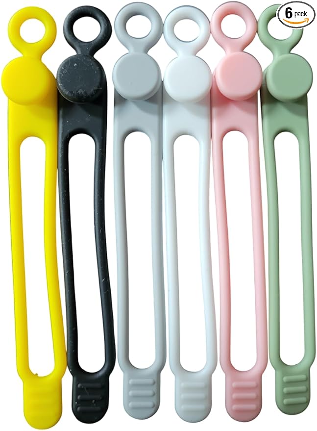 Set of 6 Silicone Cable Straps Organizer, Wire Management Ties for Bundling Phone Charger Cables, Earphones, Computer Cords, Organize Home Office (MultiColor6)