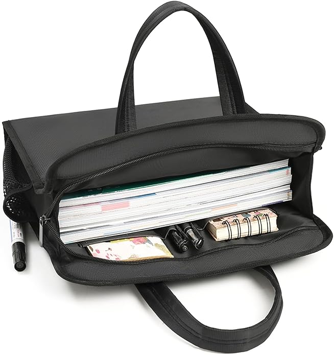 Black Oxford Handle Document Bag with Zipper Briefcase for Men File Tote Bag for Carrying Paper Files (Vertical)