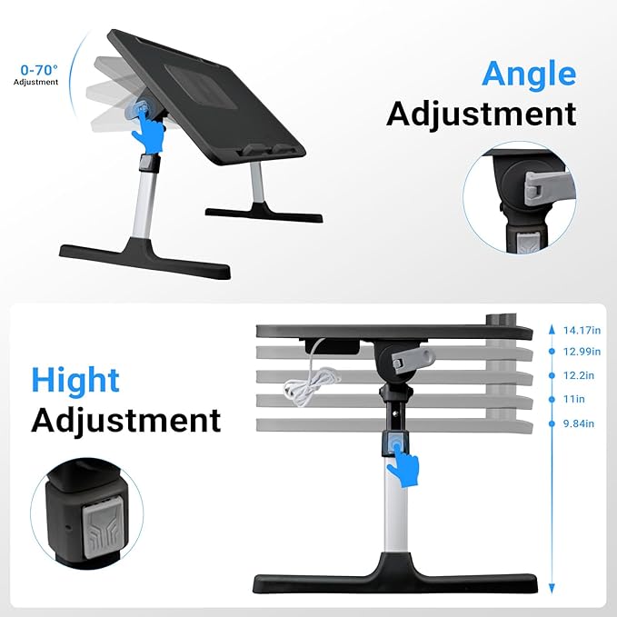 iXTRA Laptop Lap Desk with Cooling Fan - Adjustable with Light, USB, Storage Drawer - Folding Bed Desk,22.04"*12.59",Black