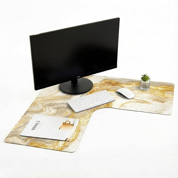 Relaxweex L Shaped Desk Mat for 90° Corner Desks, 26" x 26" Gold Waterproof Mouse Pad with 18" Inner Corner, Non-Slip Rubber Desk Protector for Office & Gaming