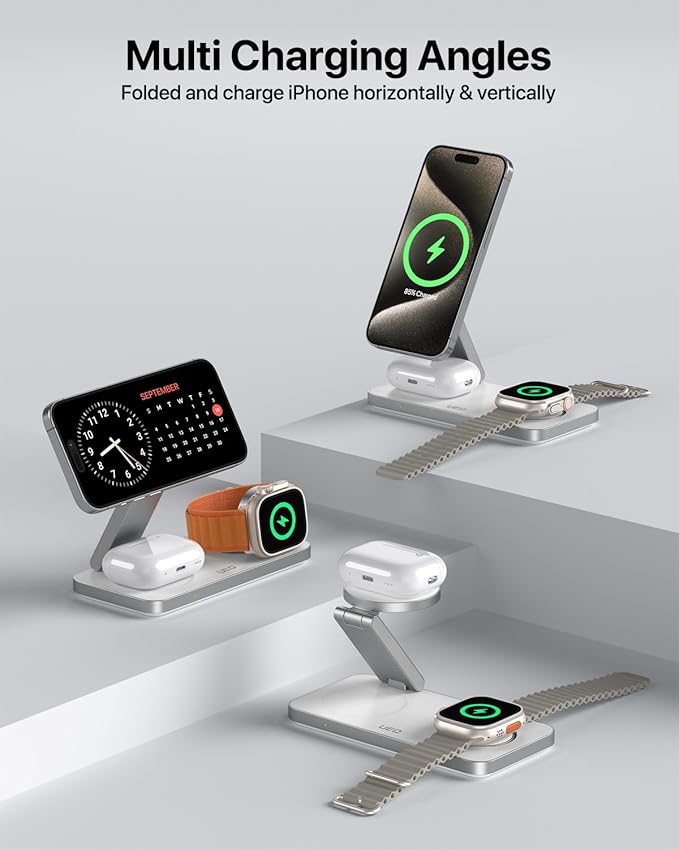 UEQ 3-in-1 Charging Station for Apple Devices,QI2.2 25W Ultra-Fast Magnetic Wireless Charger Stand,Compatible with MagSafe,Foldable Travel Charger for iPhone Air/17/16/15/14/13/12,Apple Watch,AirPods